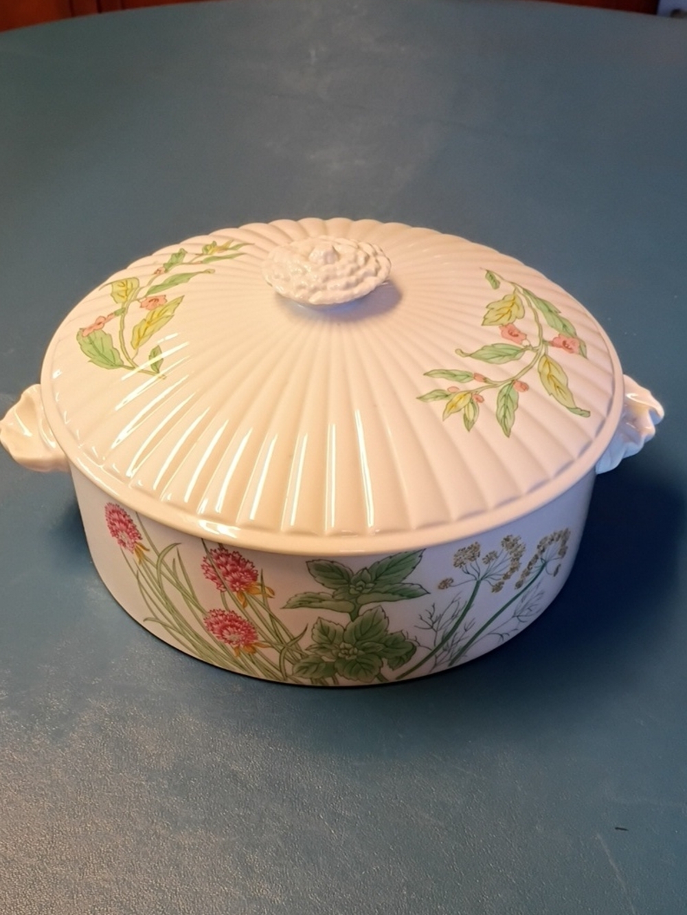 Vintage Shafford White Ceramic Covered Casserole Dish -Herbs & Spice 1970